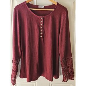 Kancystore Womens 2XL Burgundy Rib Knit Henley Top Lace Sleeve Boho Stretch